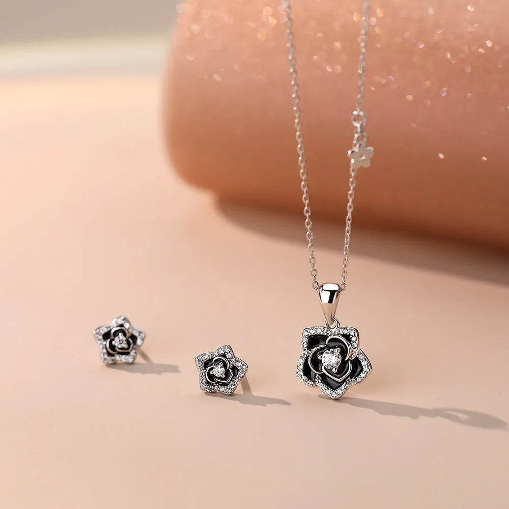 S925 sterling silver camellia necklace with zirconium inlay white gold finish on cross chain