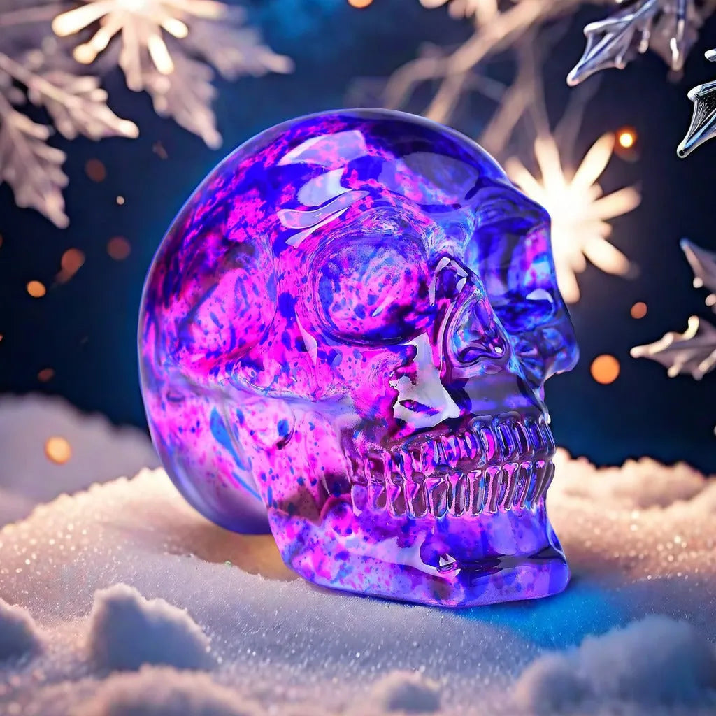Pink and blue floral skull ornament made of glass with hanging loop
