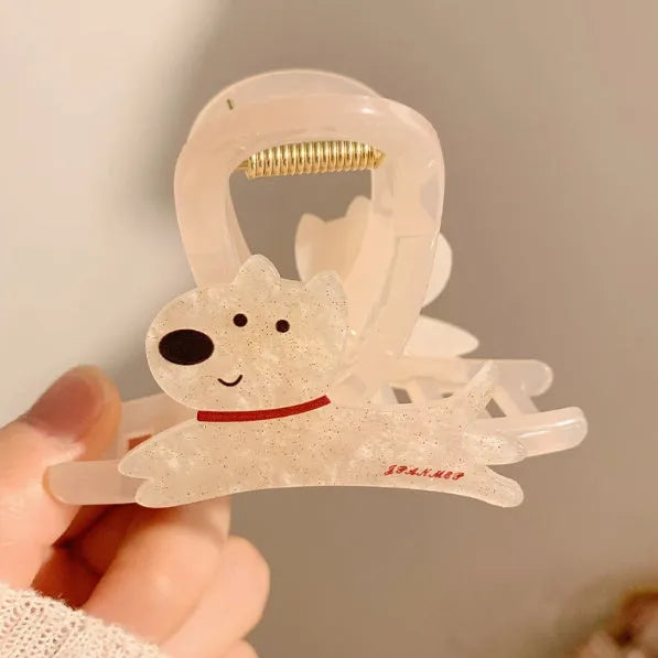Beige and brown cartoon puppy hair grip barrettes shown in 13cm and 8cm sizes on a white background.