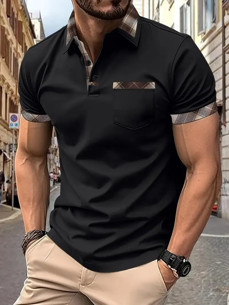 Men's plaid colourblock T-shirt with short sleeves and zipper decorations on front