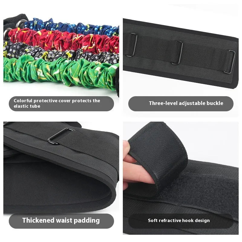 Fitness chest expander with red, blue, black, and green sleeves indicating different resistance levels