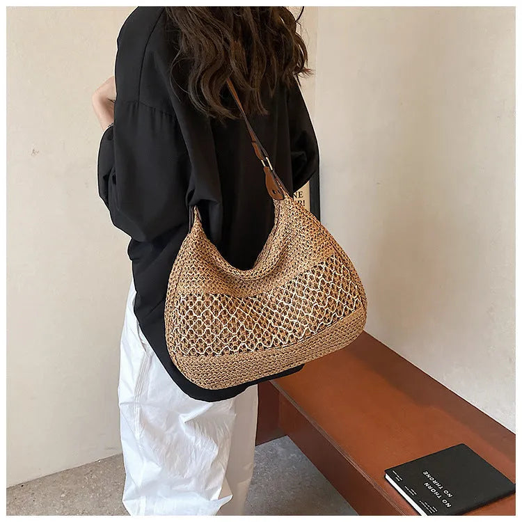 Women's khaki straw cross body bag with sandwich pockets in horizontal square shape