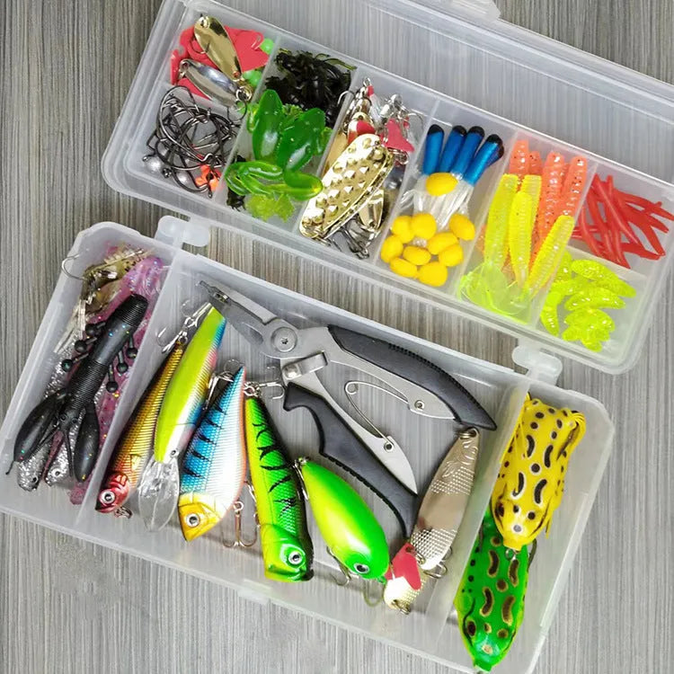 142-piece fishing lure kit with metal pliers and hard mino sequins in multiple colours