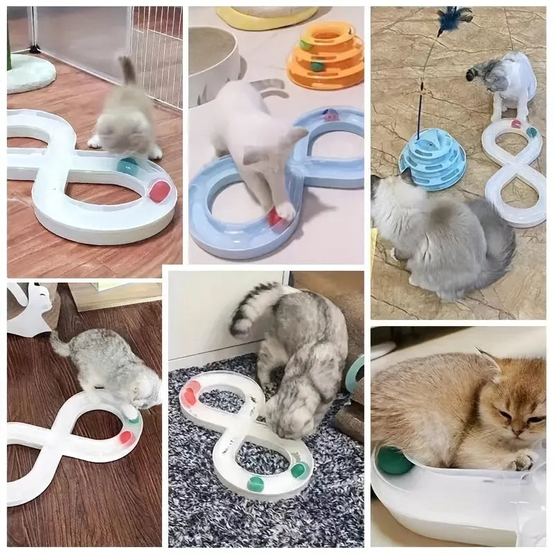 Blue and white cat turntable track toy with teasing stick for interactive play