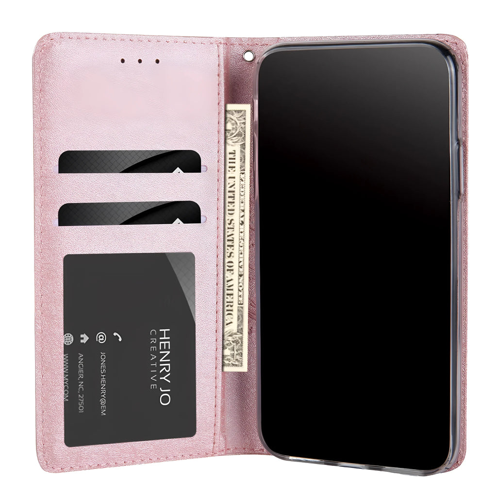 PU leather flip phone case for iPhone in various colours, showing closed front and open view with card slots.