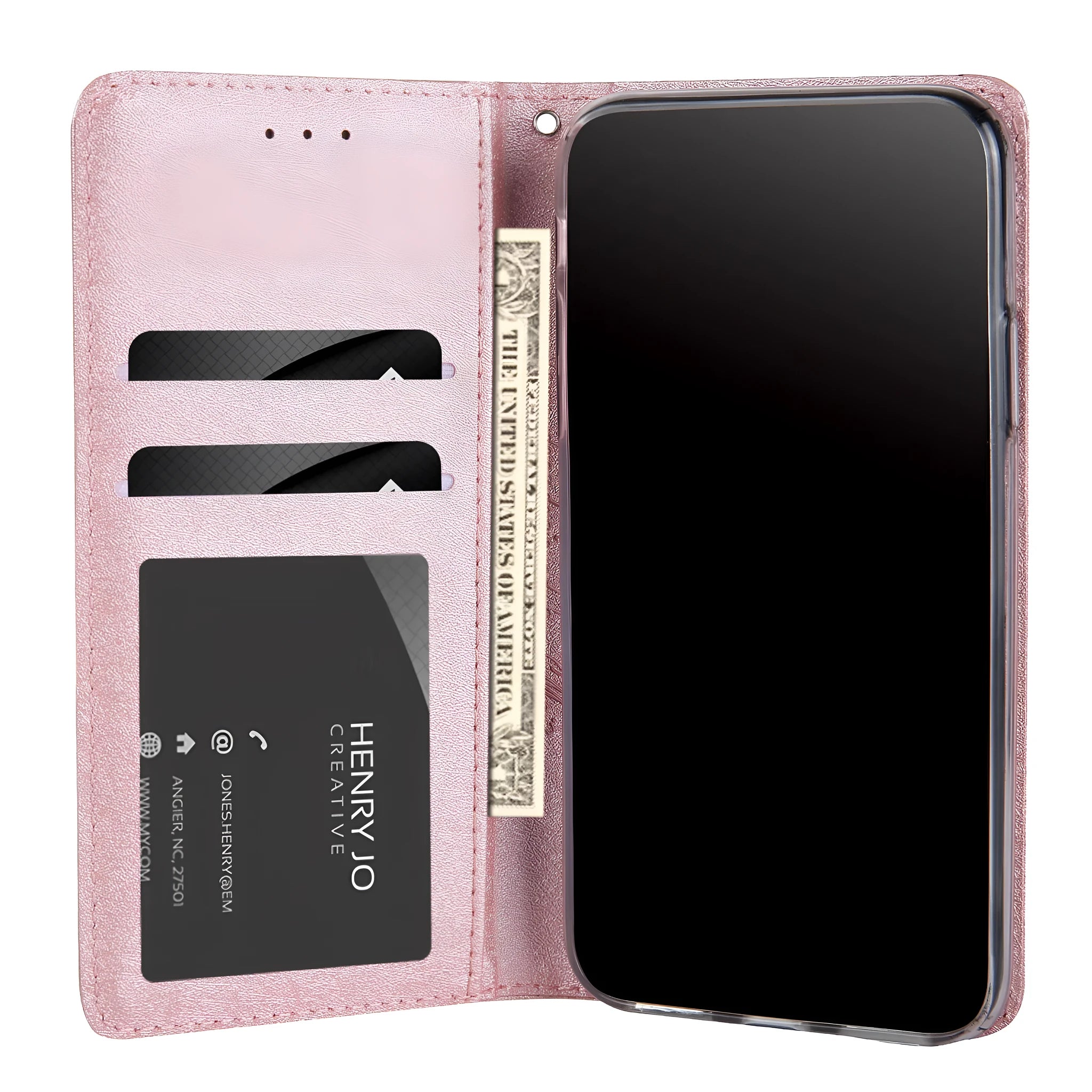 PU leather flip phone case for iPhone in various colours, showing closed front and open view with card slots.
