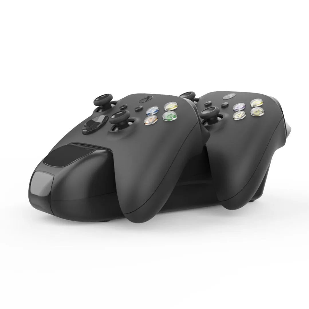 Black Xbox Series X dual controller charging dock with two battery packs and a Type-C cable.