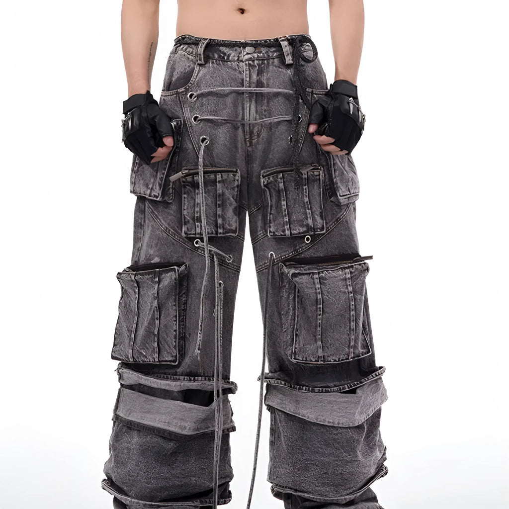 Grey distressed denim overalls with rope stitching detail on front