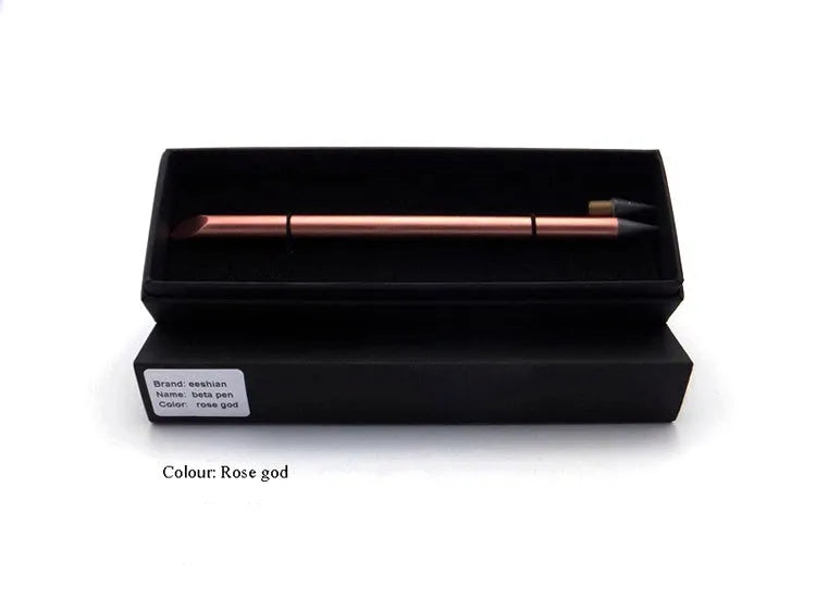 Silver inkless metal pen with alloy steel nib next to its presentation box and pen bag.