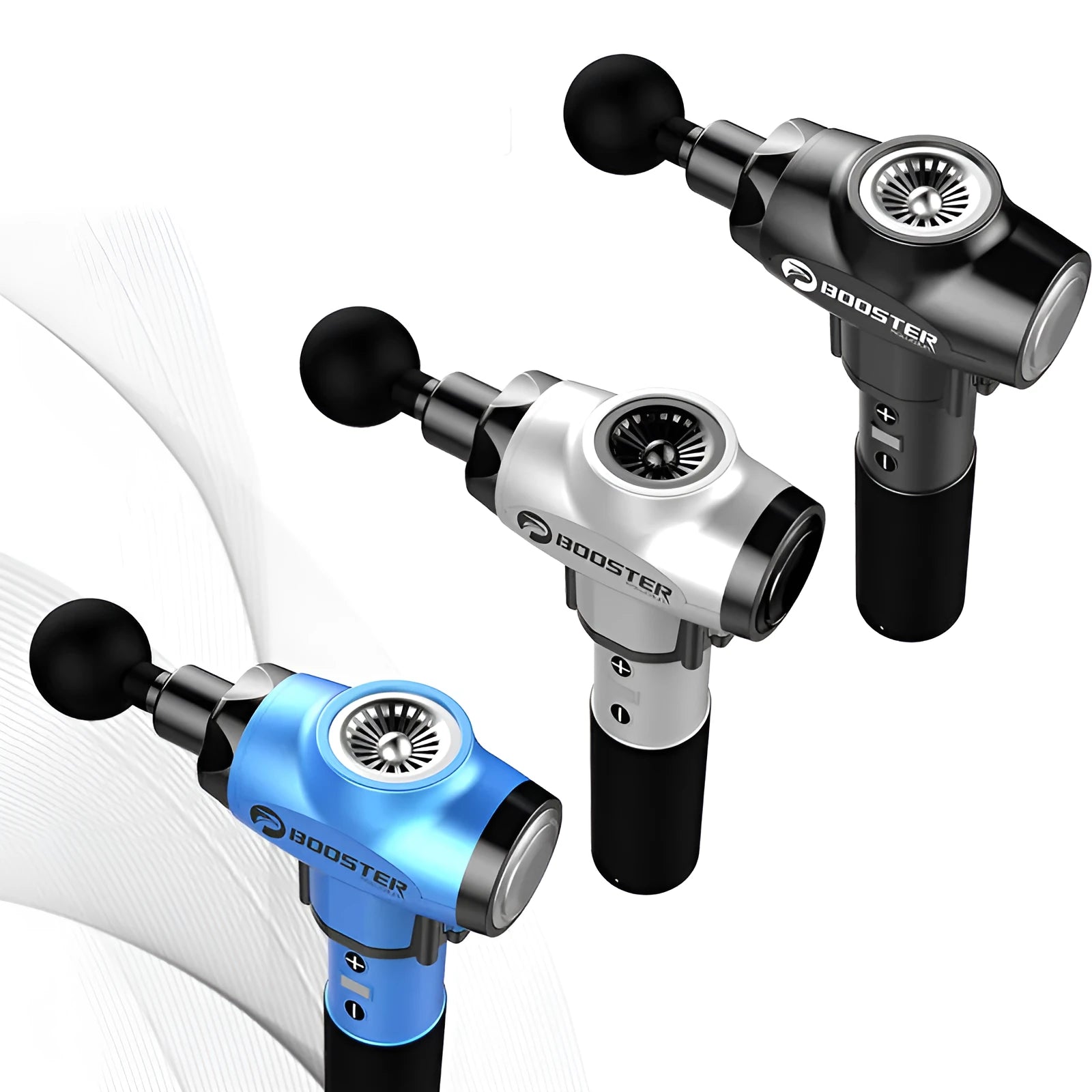 Black and white deep tissue massage gun with adjustable speed settings on display.