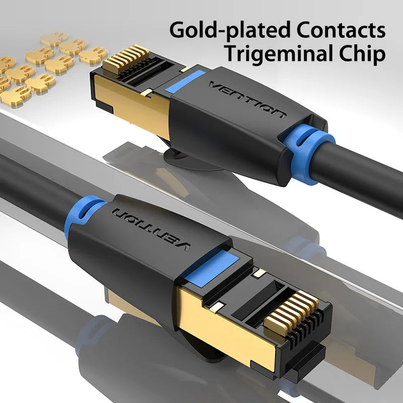 Shielded CAT8 network cable with RJ45 connectors, shown in flat and round styles, available in multiple lengths.