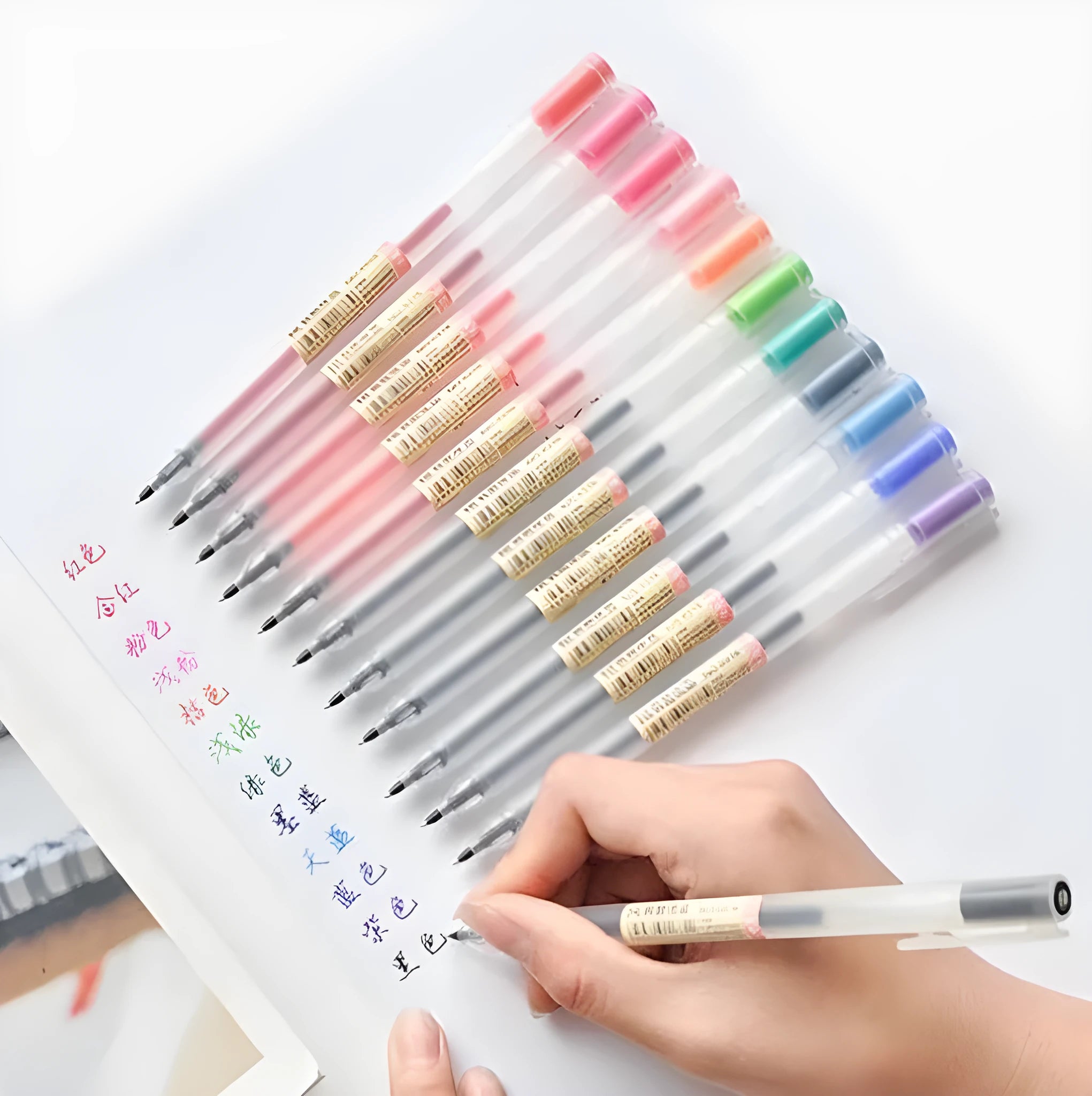 Muji 12-piece gel pen set with 0.5mm fine nibs displayed in packaging.