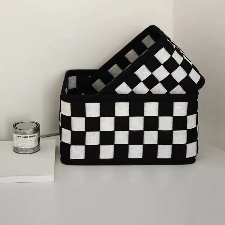 Checkerboard patterned folding felt storage basket measuring 37cm long, shown both upright and collapsed flat