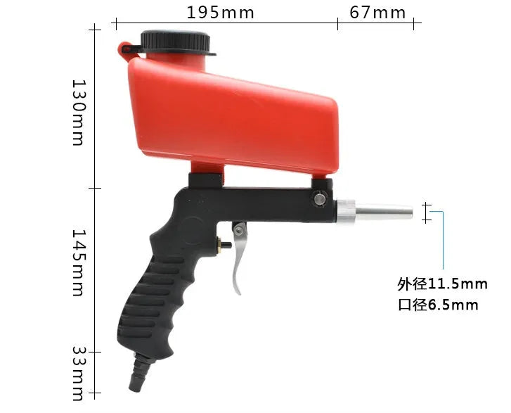 Portable blue pneumatic sandblasting gun with upper tank and nozzle for rust removal and surface cleaning