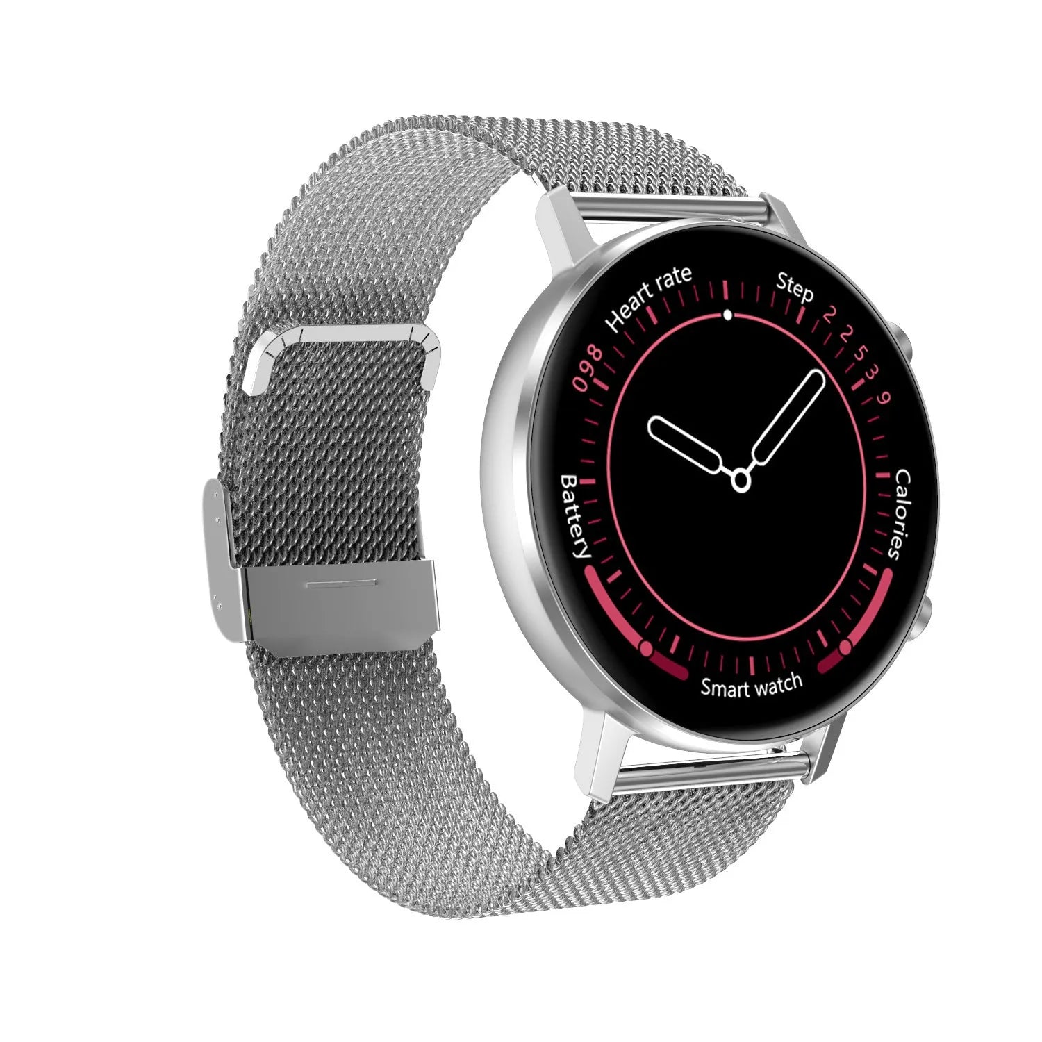 DT96 smart bracelet with touchscreen display and stainless steel wrist strap in silver colour