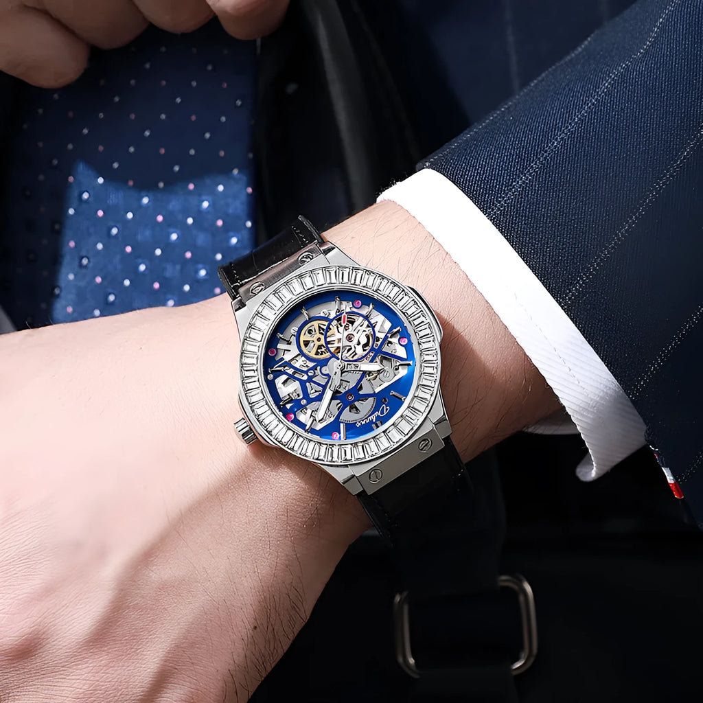 Men's automatic mechanical watch with diamond-studded bezel and skeleton movement visible through dial