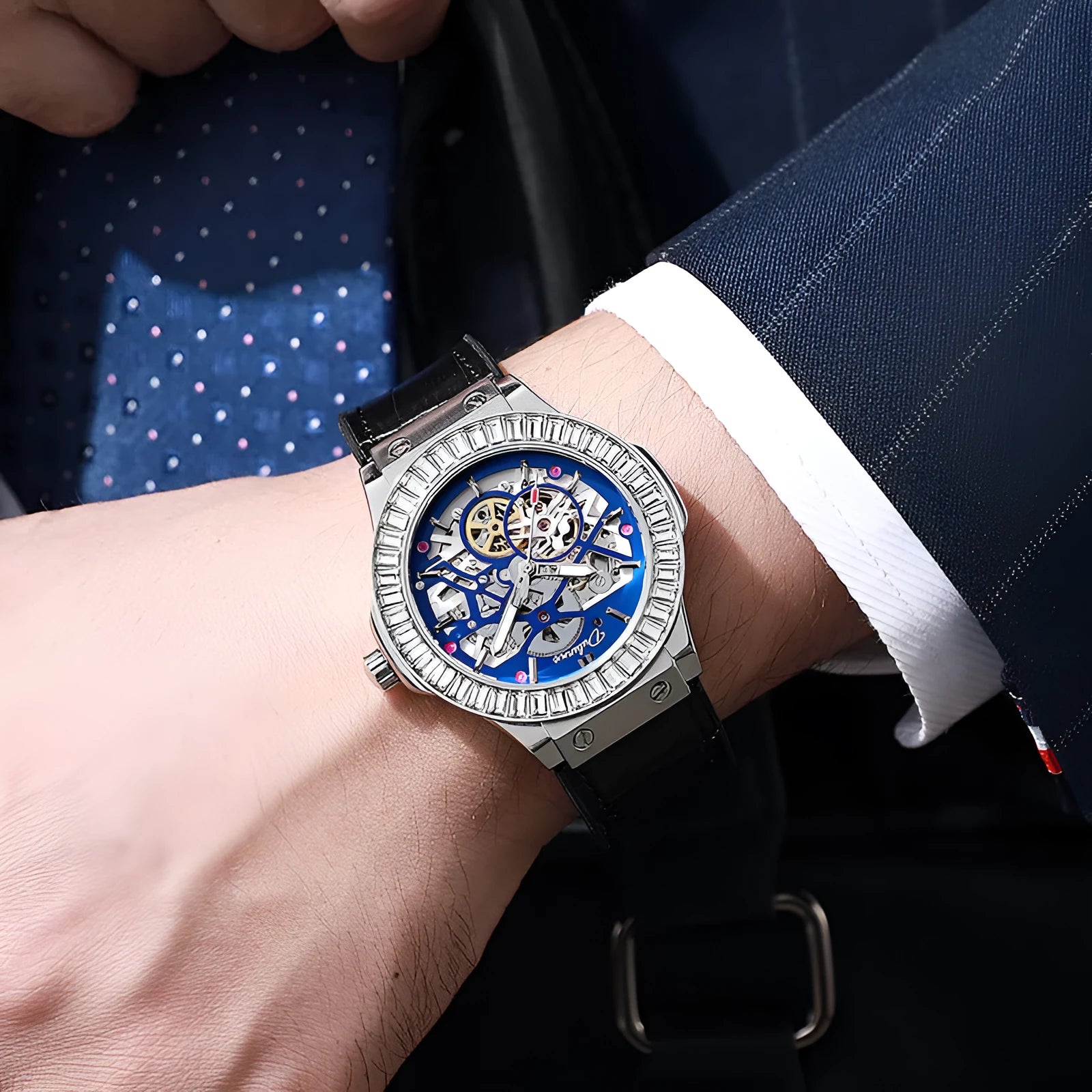 Men's automatic mechanical watch with diamond-studded bezel and skeleton movement visible through dial