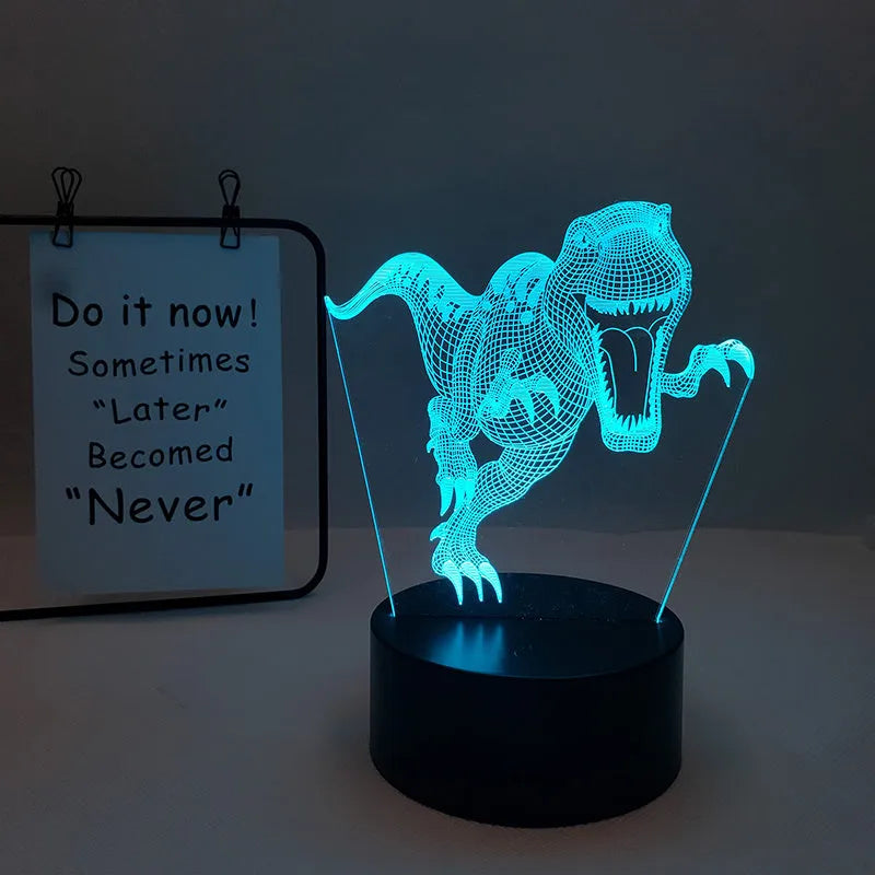 Colourful cartoon dinosaur LED desk lamp with remote control and acrylic lampshade on a black base