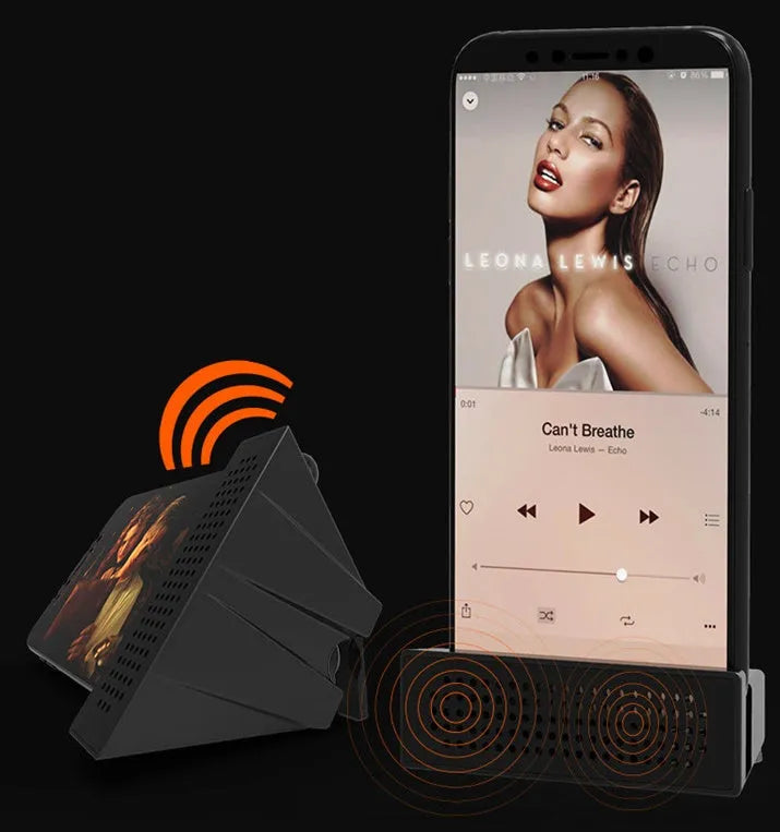 A portable black ABS plastic mobile phone amplifier bracket holding an iPhone.