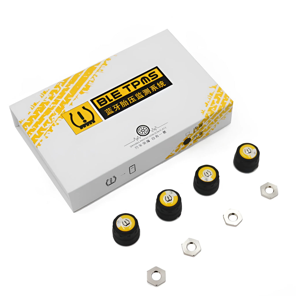 Wireless black external car tyre pressure sensor detector with IP67 waterproof rating and Bluetooth connectivity
