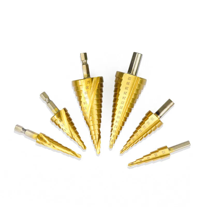 High-speed steel step drill bits and centre punch set for metalworking with colour-coded organisation