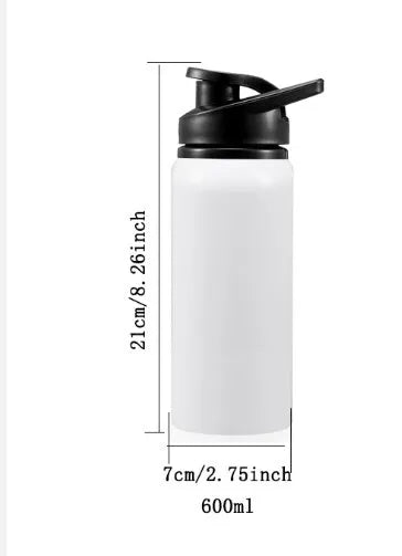 White aluminium sports water bottle with drinking spout shown in 600ml and 750ml capacity options