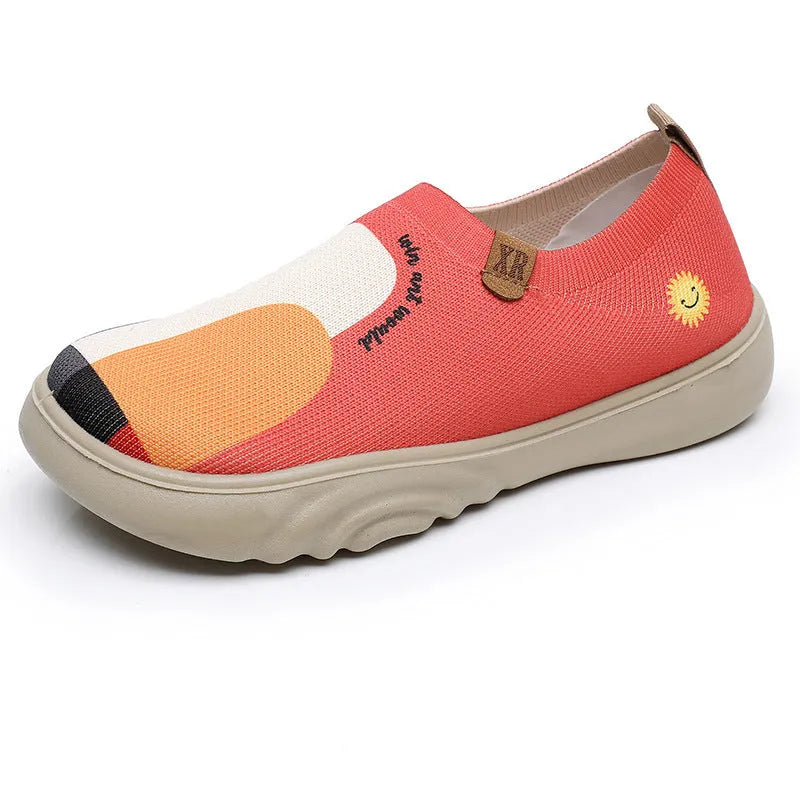 Women's hand-painted casual shoes with soft Flyknit upper, flat heel, round toe, in Milky White colour