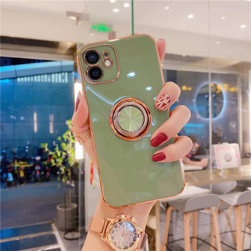 Silicone plating phone case for iPhone in various colours including milk tea, black, and light purple.