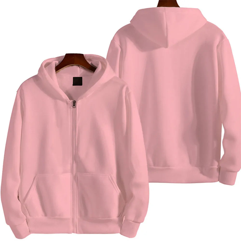 Men's solid colour loose fit zip-up sports jacket on a hanger.