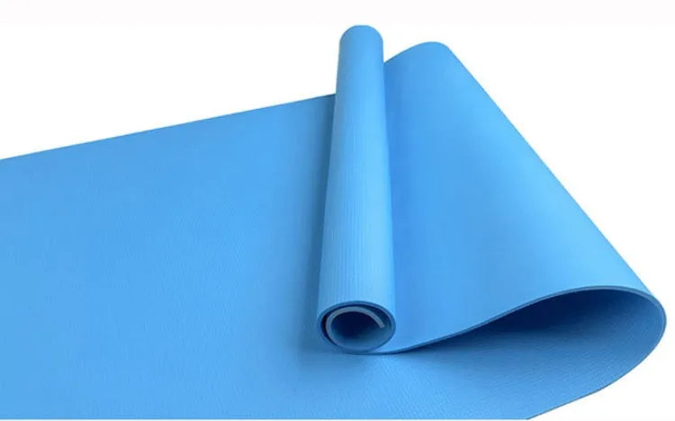 EVA yoga mat in blue showing thickness options of 4mm and 6mm with non-slip texture