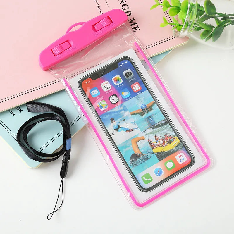 Luminous mobile phone waterproof bag in PVC and ABS with dimensions 19x10.5cm showing front view