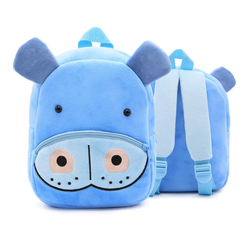 Plush animal backpack for children with zipper closure measuring 26x24x10cm