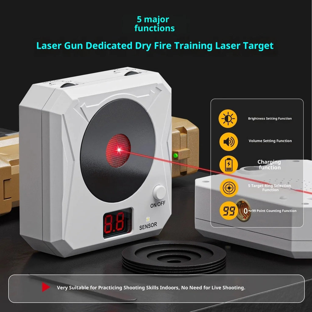 Laser target for dry fire training with infrared counting display, rechargeable, ABS construction, magnetic plate and four target rings