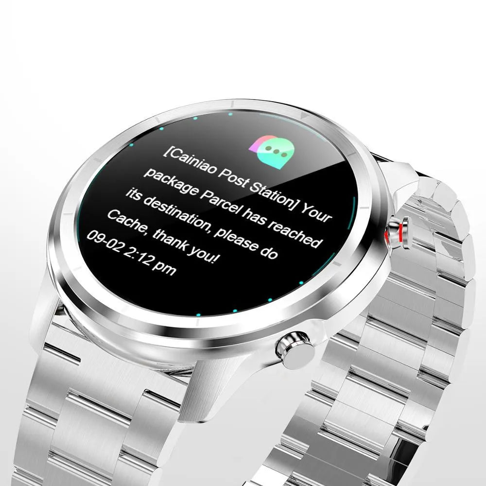 LEMFO LF26 smart bracelet on wrist showing 1.3-inch touchscreen display in silver finish.