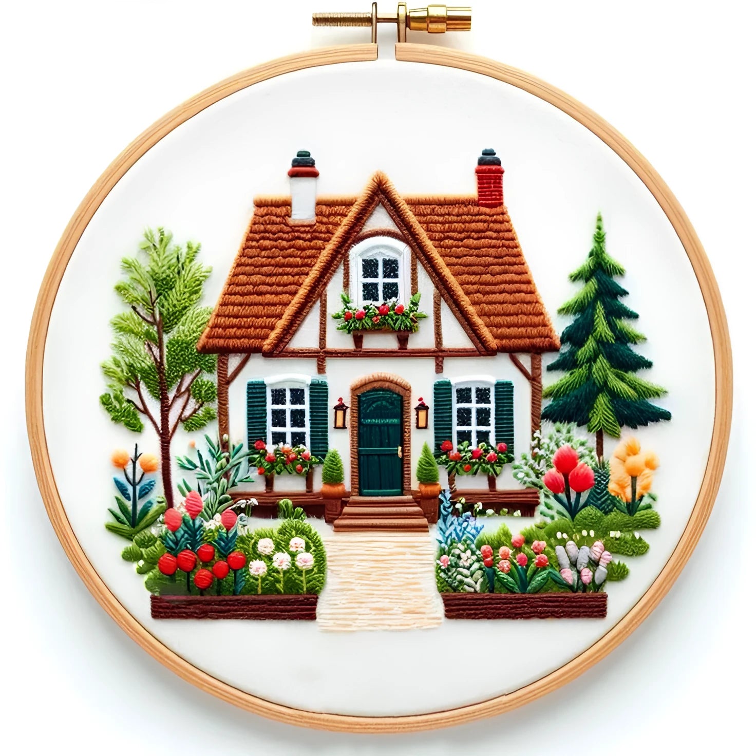 Garden Cottage embroidery material package with 28x28cm pre-printed cotton linen cloth showing landscape scene