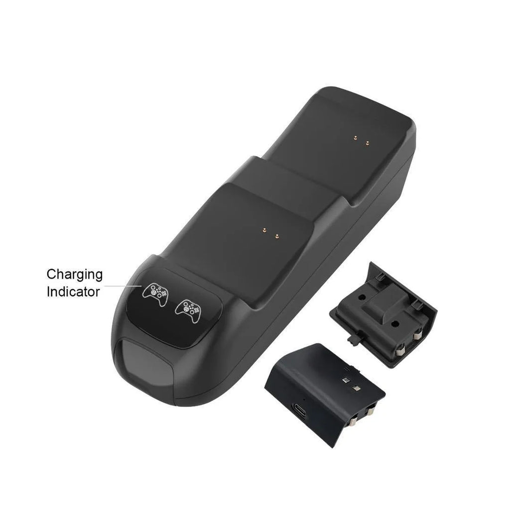Black Xbox Series X dual controller charging dock with two battery packs and a Type-C cable.
