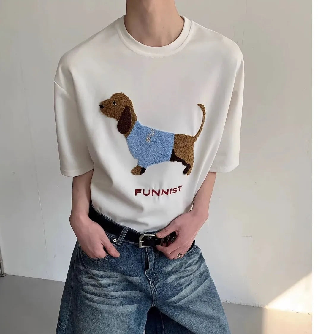 Men's grey cotton T-shirt with an embroidered sausage dog design on the front.
