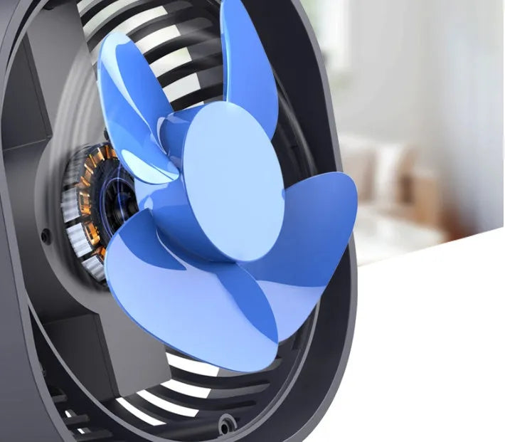 USB desk fan with alarm clock in blue, showing 360-degree rotating head and rotary switch.