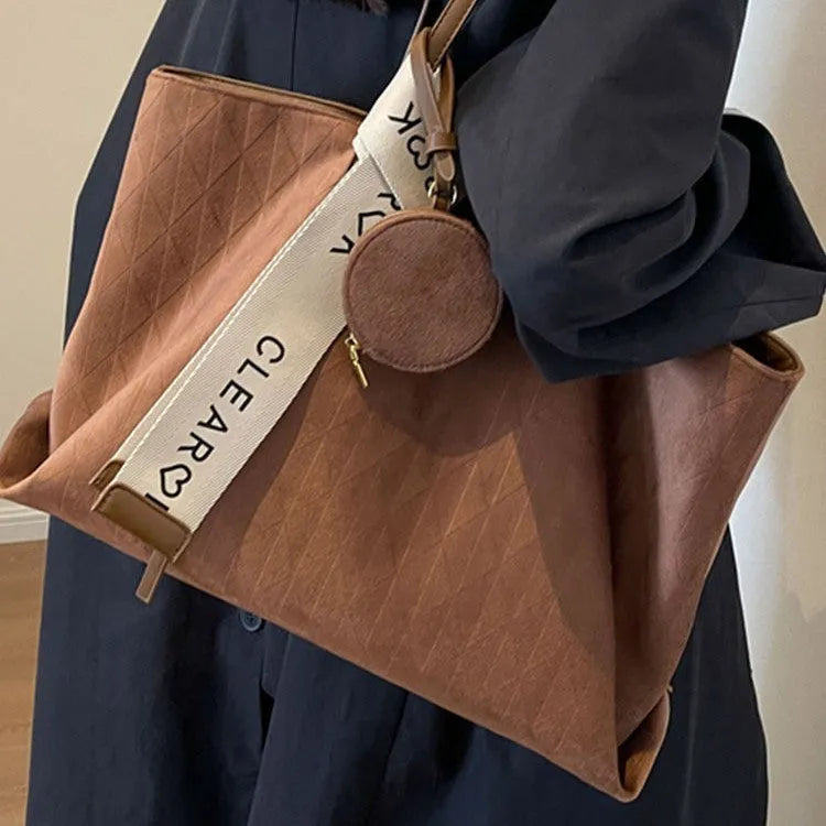 Large soft polyester shoulder tote bag in horizontal square shape with zippered interior pocket