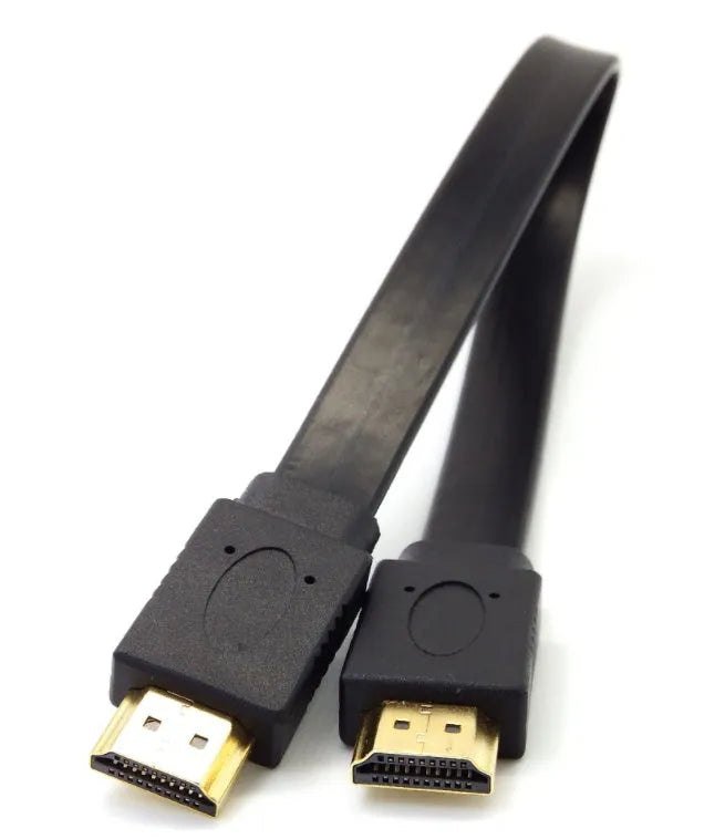 Flat HDMI cable with gold-plated connectors showing length options from 0.3 to 10 metres