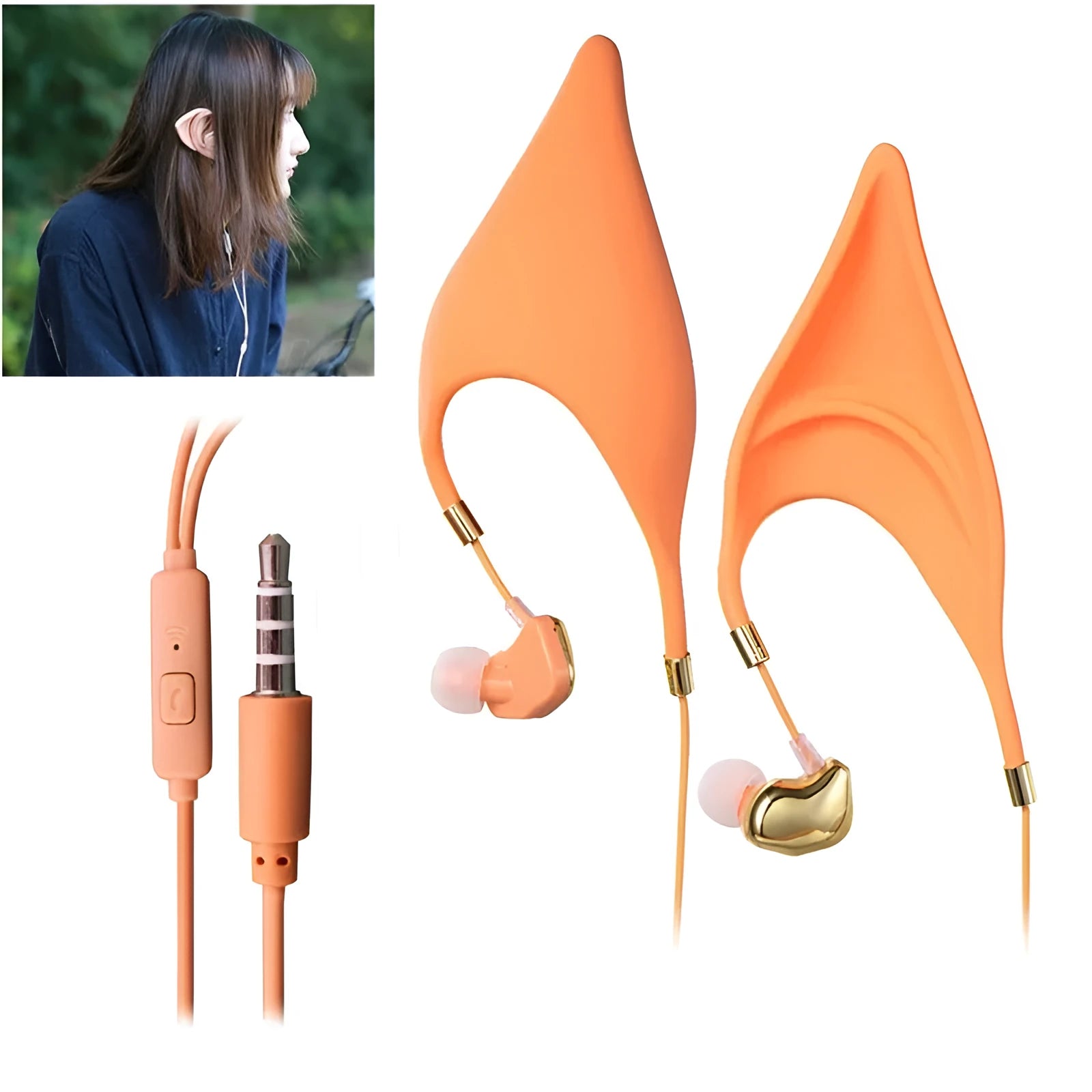 Cartoon elf ear headphones with 3.5mm plug and microphone in black, white, and yellow colour options
