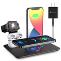 Black and white wireless charging desk station for phone, watch and headphones