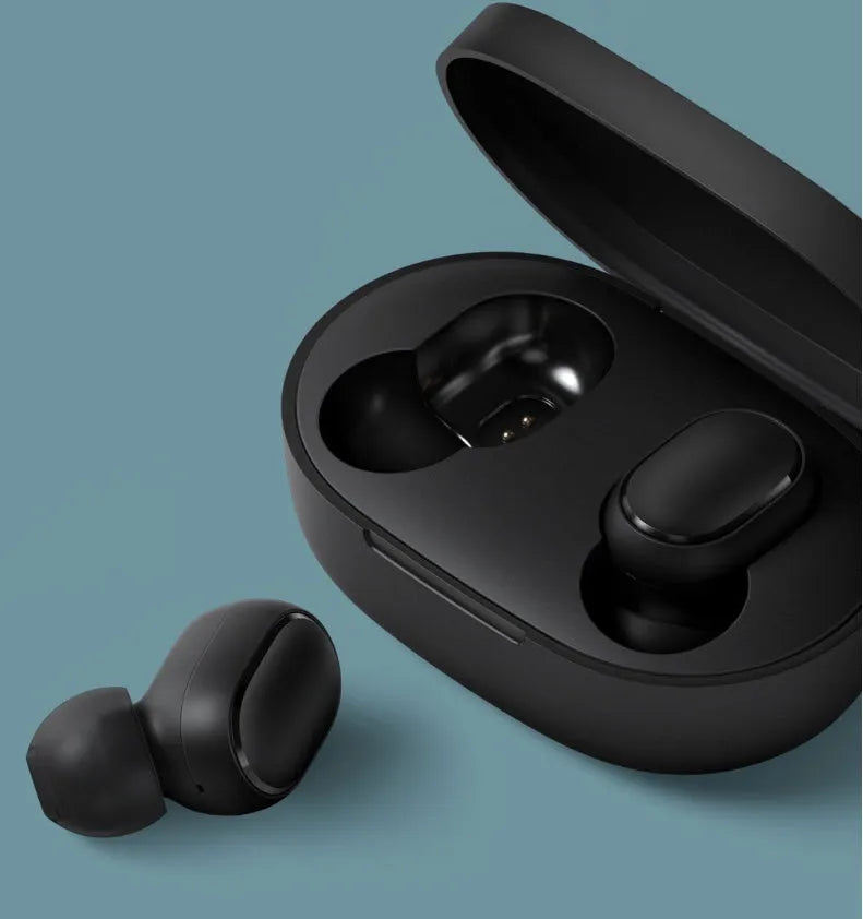 Redmi AirDots Black true wireless earbuds and charging case on a white background.