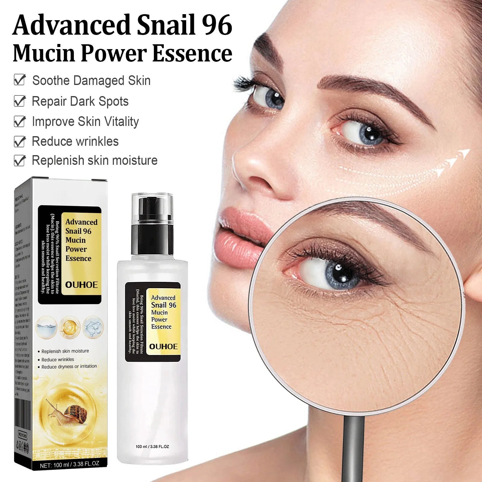 Snail serum collagen facial treatment bottle with 100ml content for hydrating and brightening skincare
