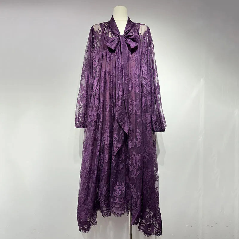 Women's hollow jacquard sling lace see-through ribbon dress, brown, with A-line skirt and lantern sleeves