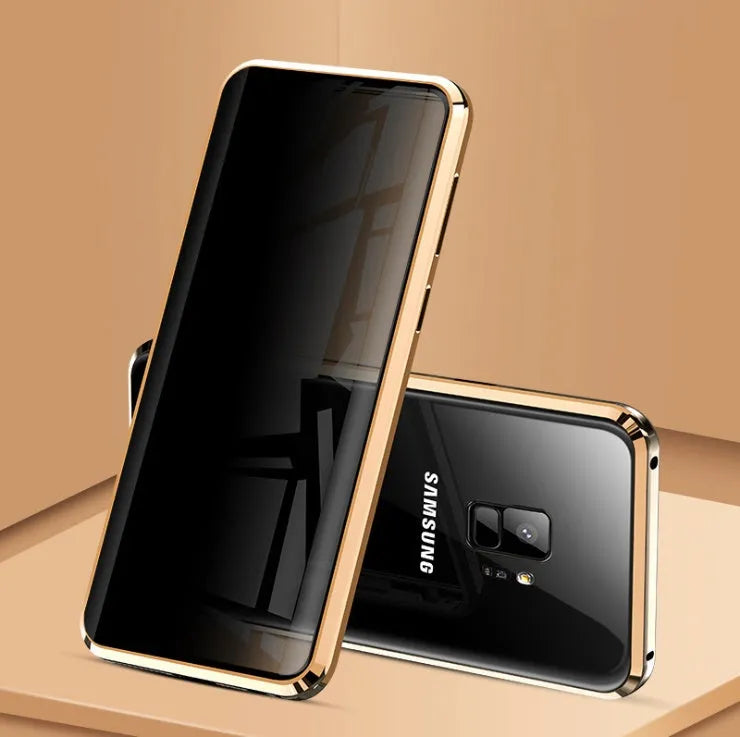 Samsung anti-peeping magnetic phone case in clamshell design with privacy screen and double-sided glass protection