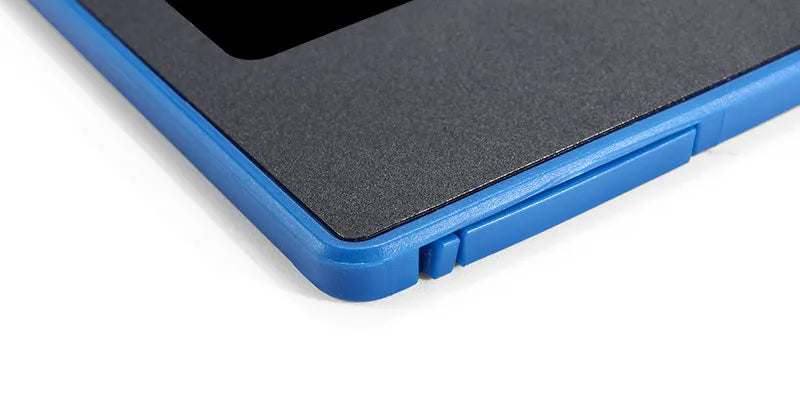 Black LCD writing tablet with ABS frame and blue-green display, 8.5 inch screen, side view showing slim profile