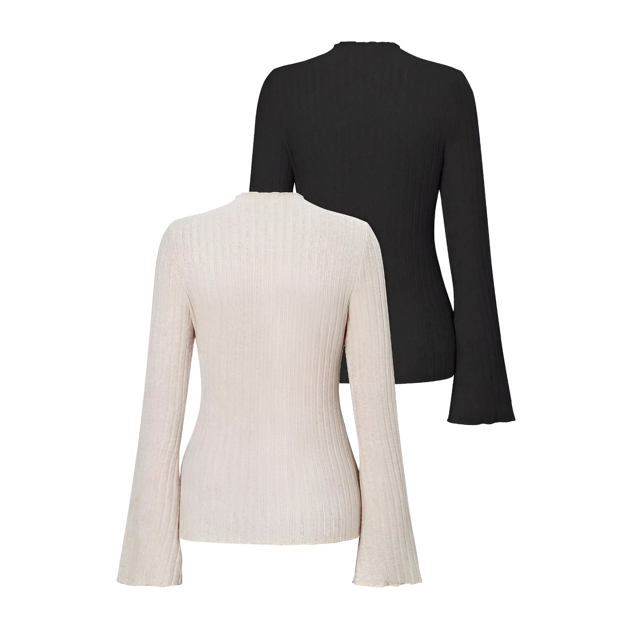 Long sleeve round neck top with sunken stripe pattern and lantern sleeves in black