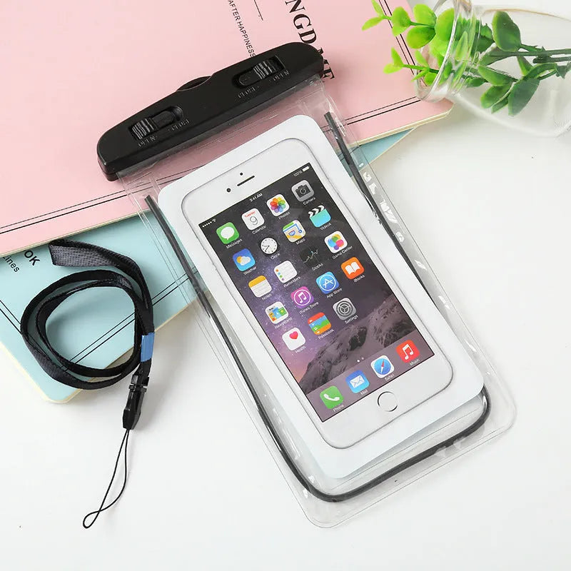 Luminous mobile phone waterproof bag in PVC and ABS with dimensions 19x10.5cm showing front view