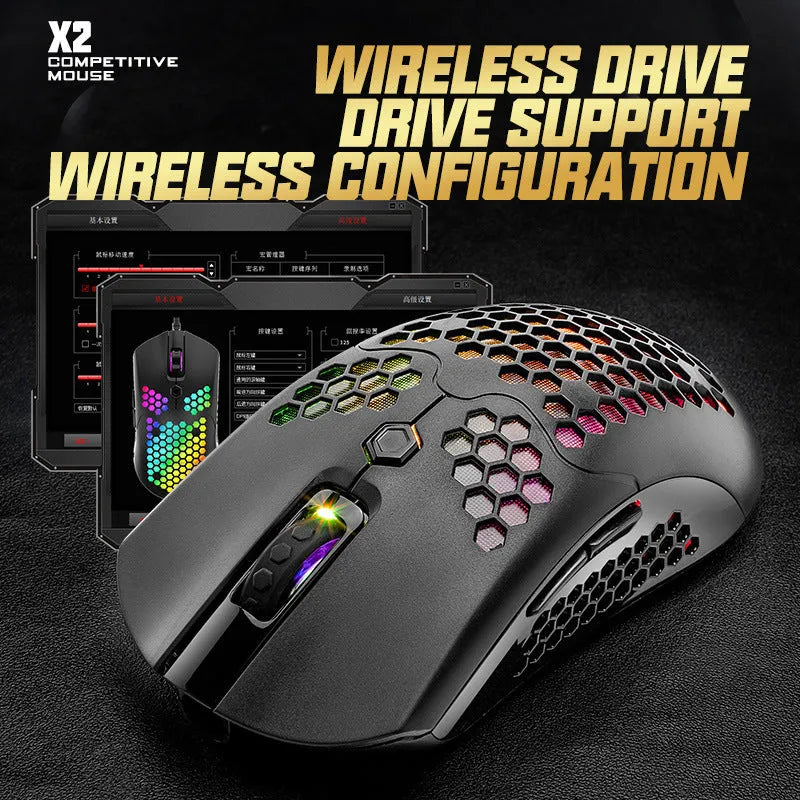 Free Wolf X2 wireless gaming mouse with honeycomb shell in multiple colours on a desk.